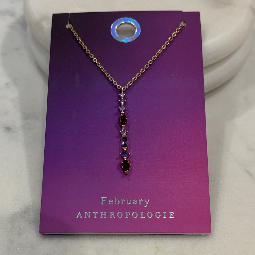 Anthropologie February Necklace with Gold chain and Purple stones